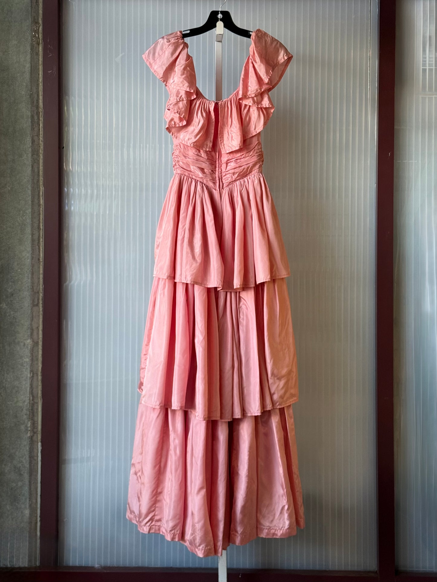 1980s Blush Pink Satin Gown w/ Pleated Layers