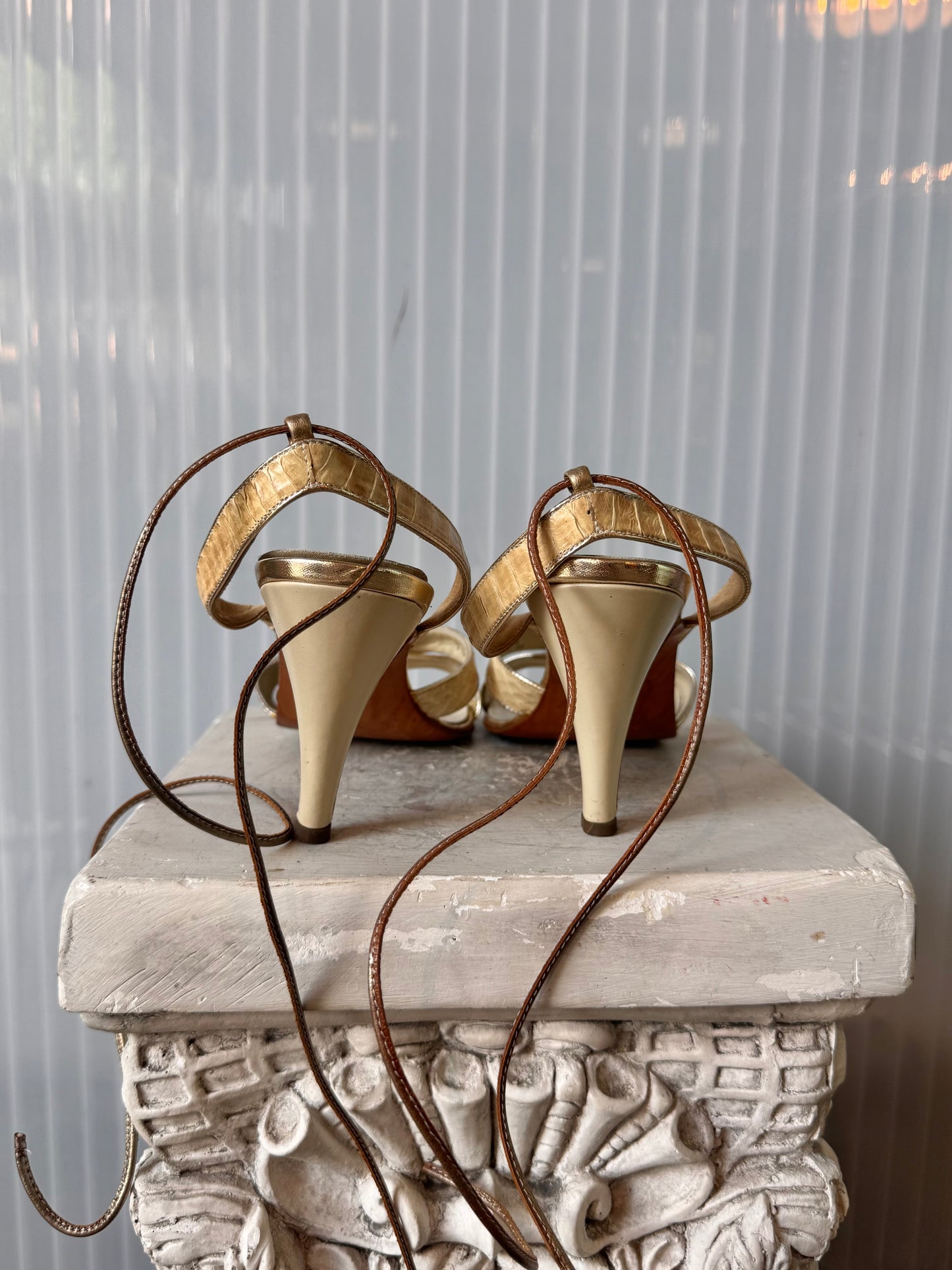 1990s / Y2K Cream Snakeskin Strappy Heels