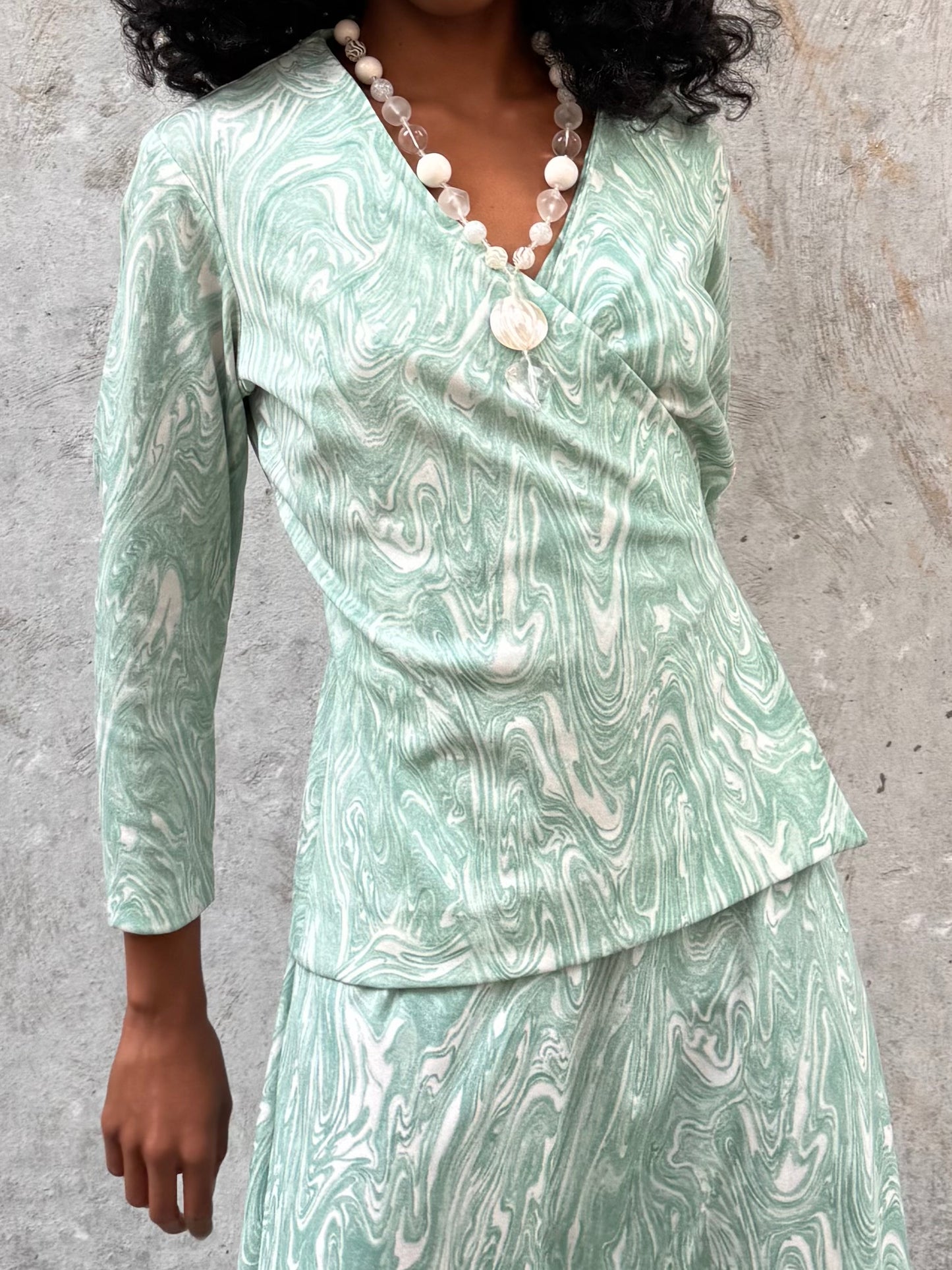 1970s Marbled Teal Dress & Wrap Jacket Set