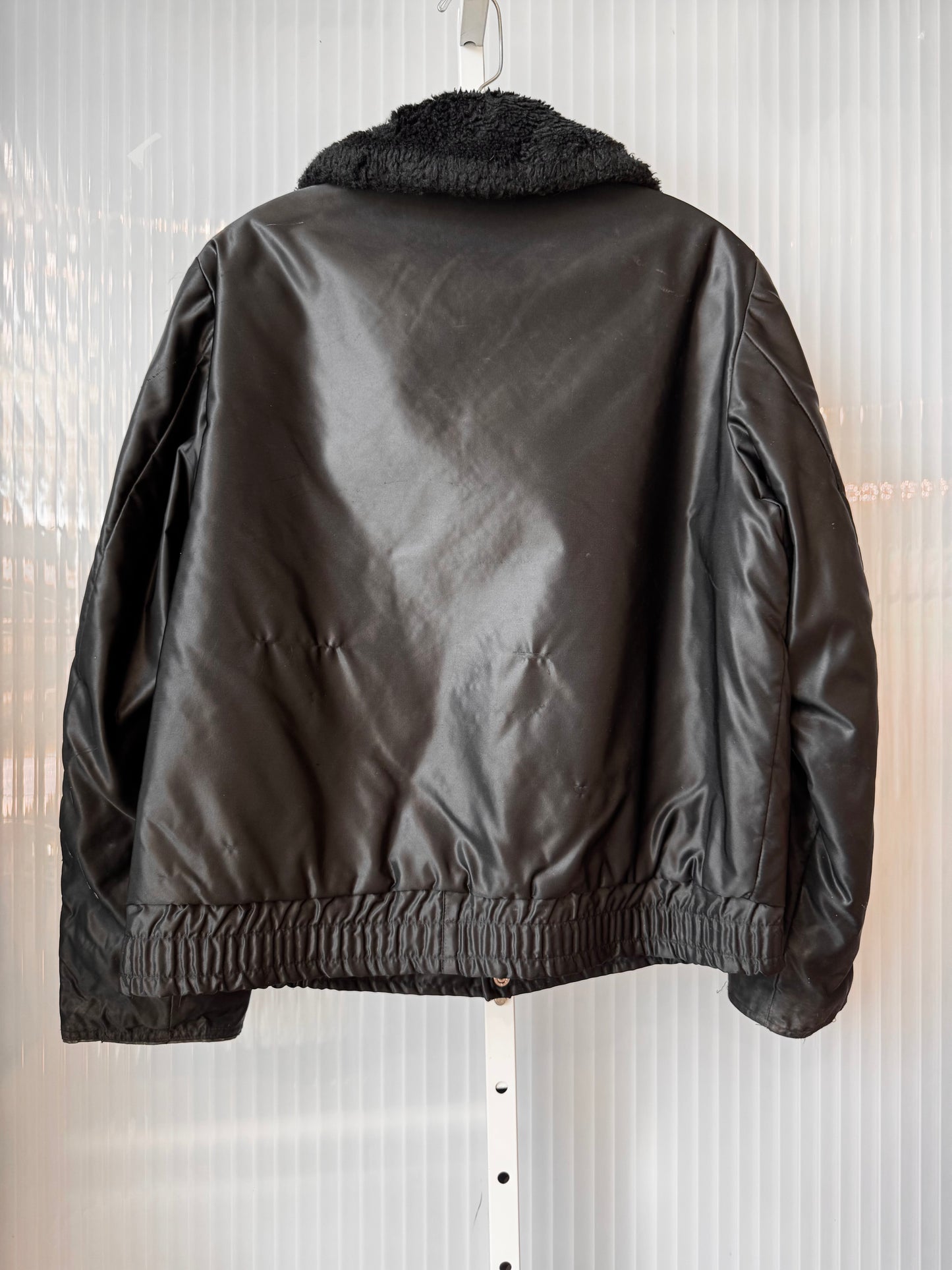 1980s Black Lawman Sheriff Satin Jacket w/ Black Fur Collar
