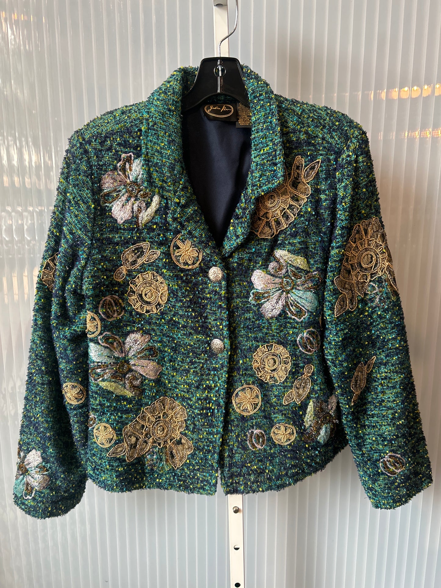 1990s Blue & Green Tweed Flower Appliqué Jacket