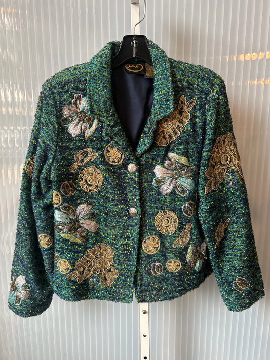 1990s Blue & Green Tweed Flower Appliqué Jacket