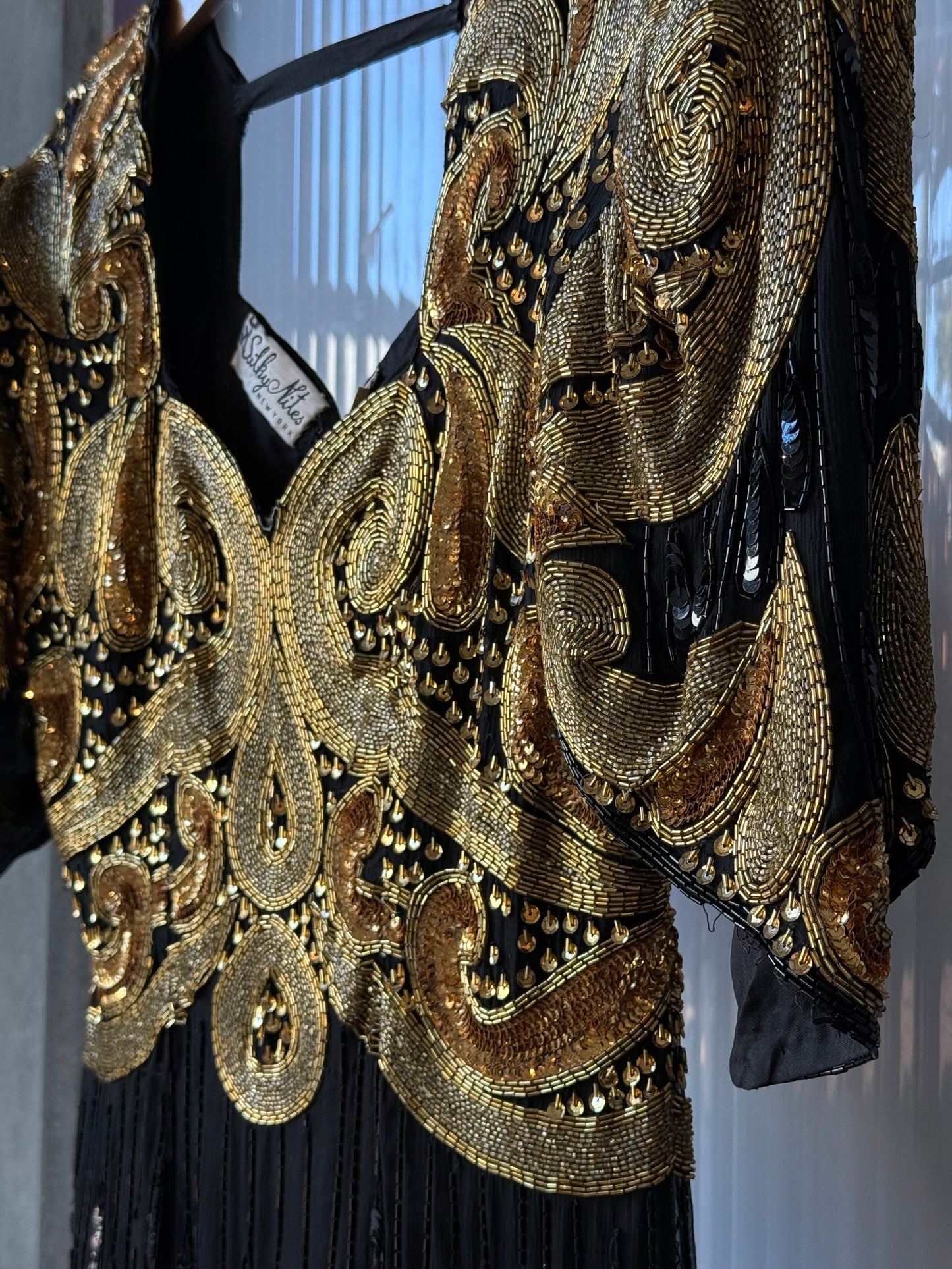1980s Black Sequin Gown w/ Gold Beading