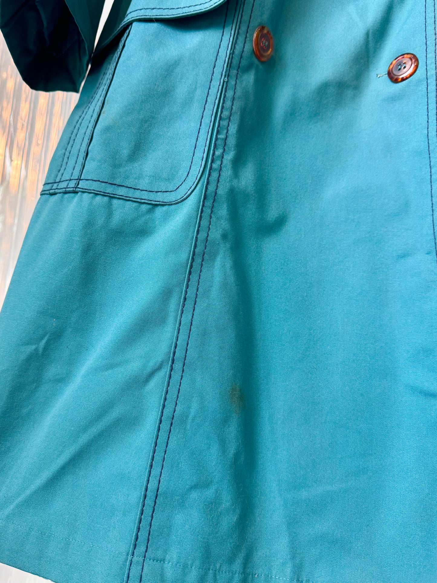 1970s Groovy Teal Trench Coat w/ Contrast Stitching