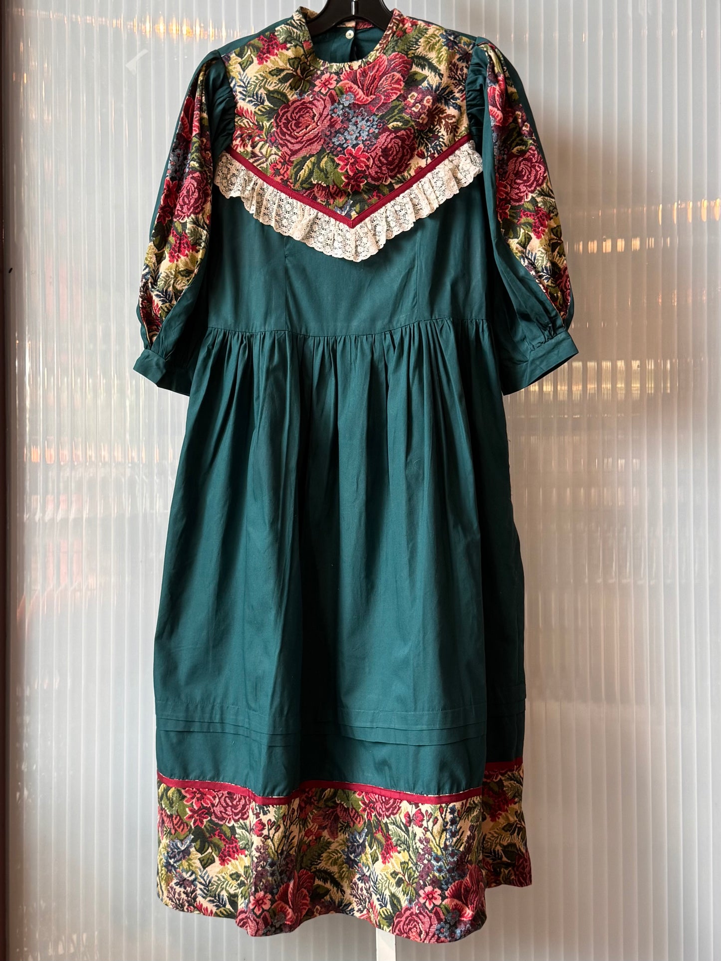 1980s Teal Dress with Floral Tapestry Yoke