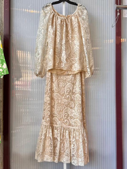 1970s Cream Lace Top & Skirt Set