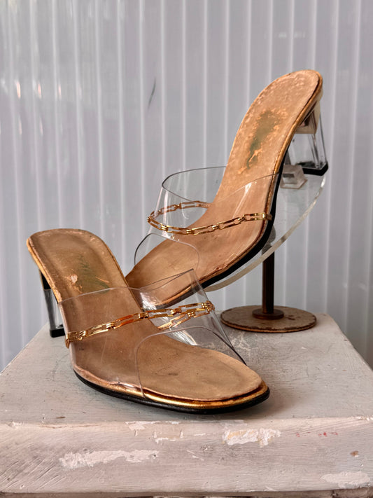 1970s Gold-Chain Peep-toe Mule Heels