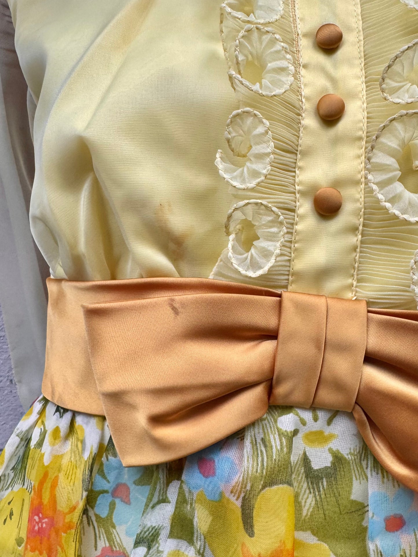 1970s Yellow Floral Empire Waist Maxi Dress