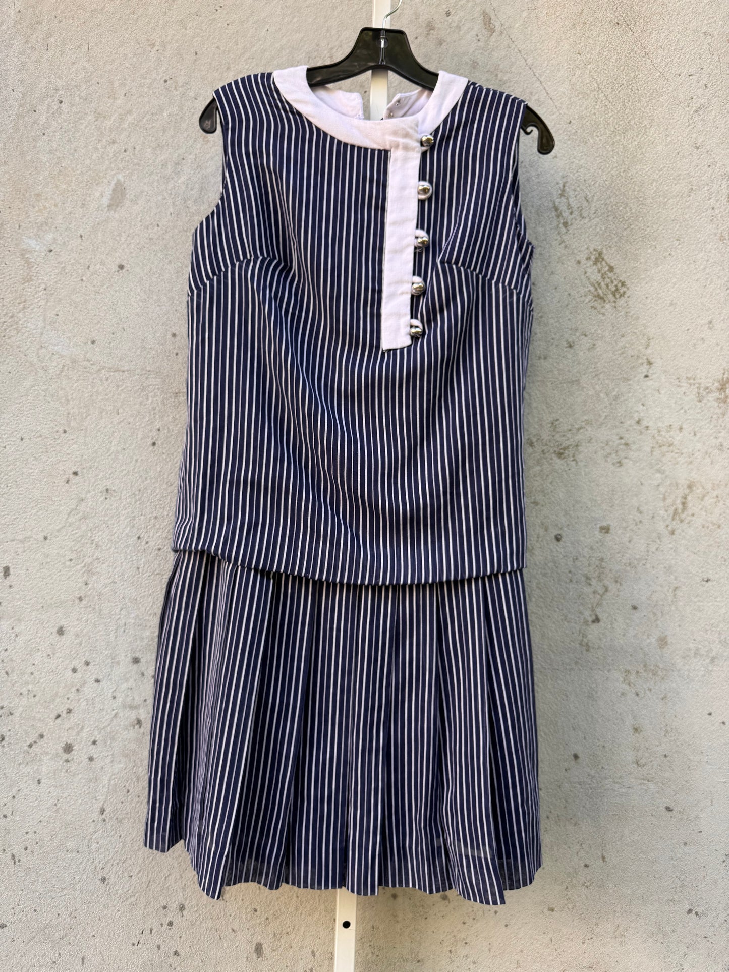 1960s? Navy Blue & White Striped Pleated Dropwaist Dress
