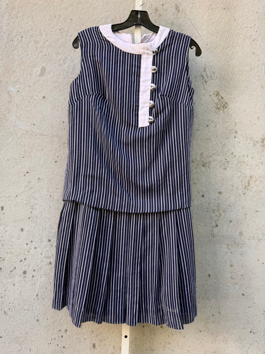 1960s? Navy Blue & White Striped Pleated Dropwaist Dress