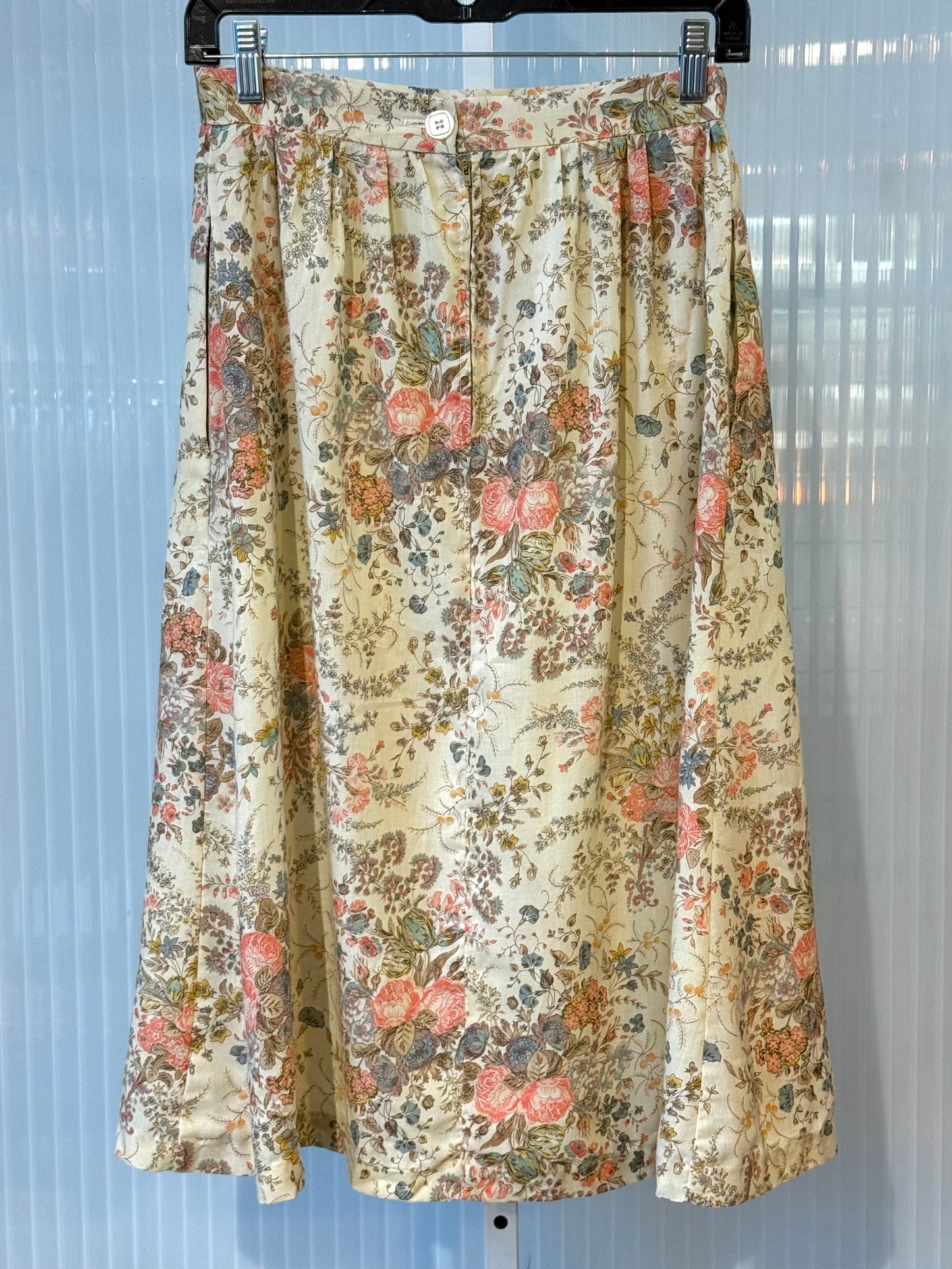 1970s Ecru Floral Midi Skirt w/ Pockets