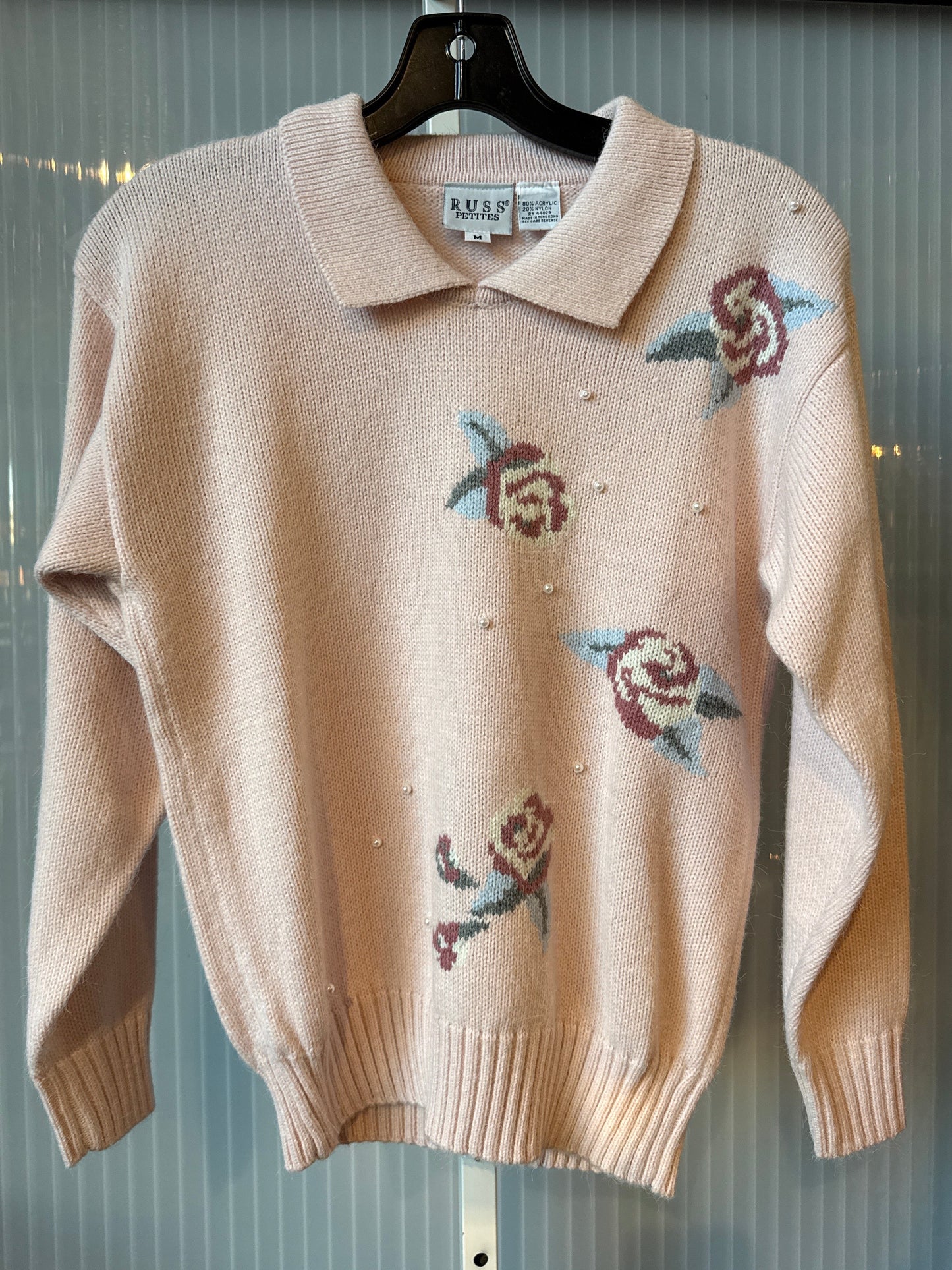 1980s Pink Knitted Floral Sweater w/ Pearls