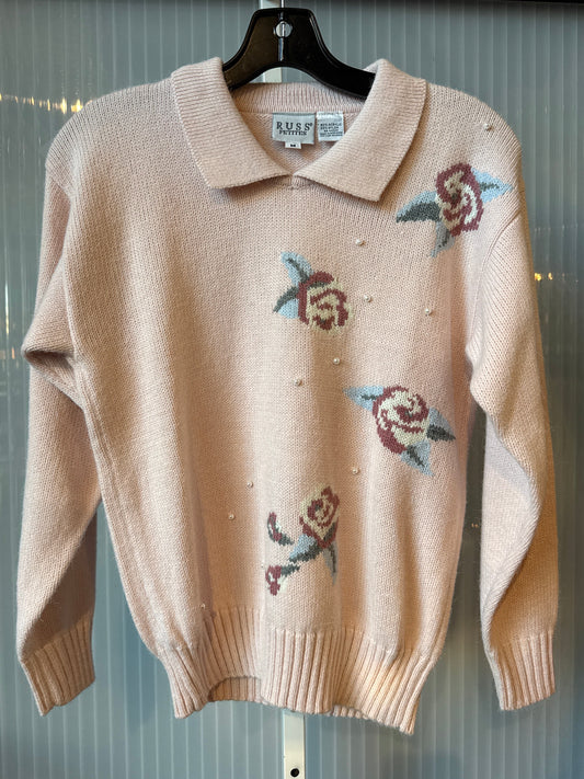 1980s Pink Knitted Floral Sweater w/ Pearls