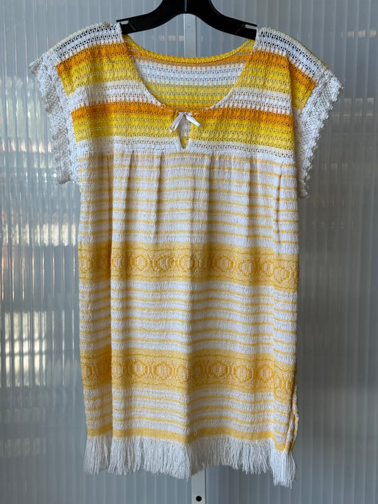 1970s White & Yellow Striped Jacquard Woven & Crochet Blouse