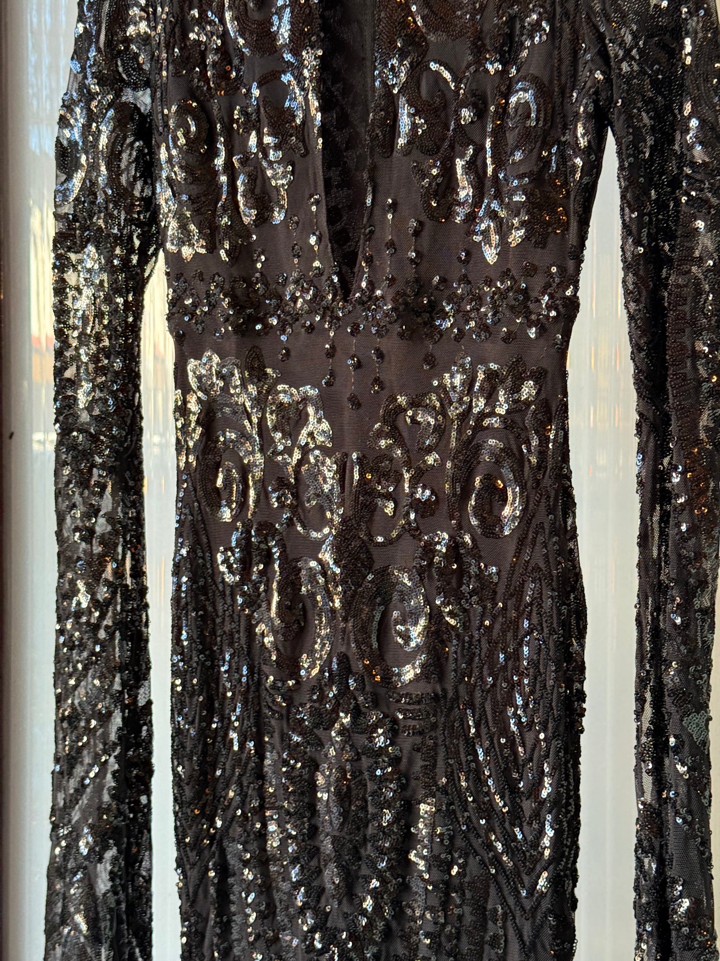 1990s Black Sequin Bodycon Gown with Dramatic Drape Sleeves