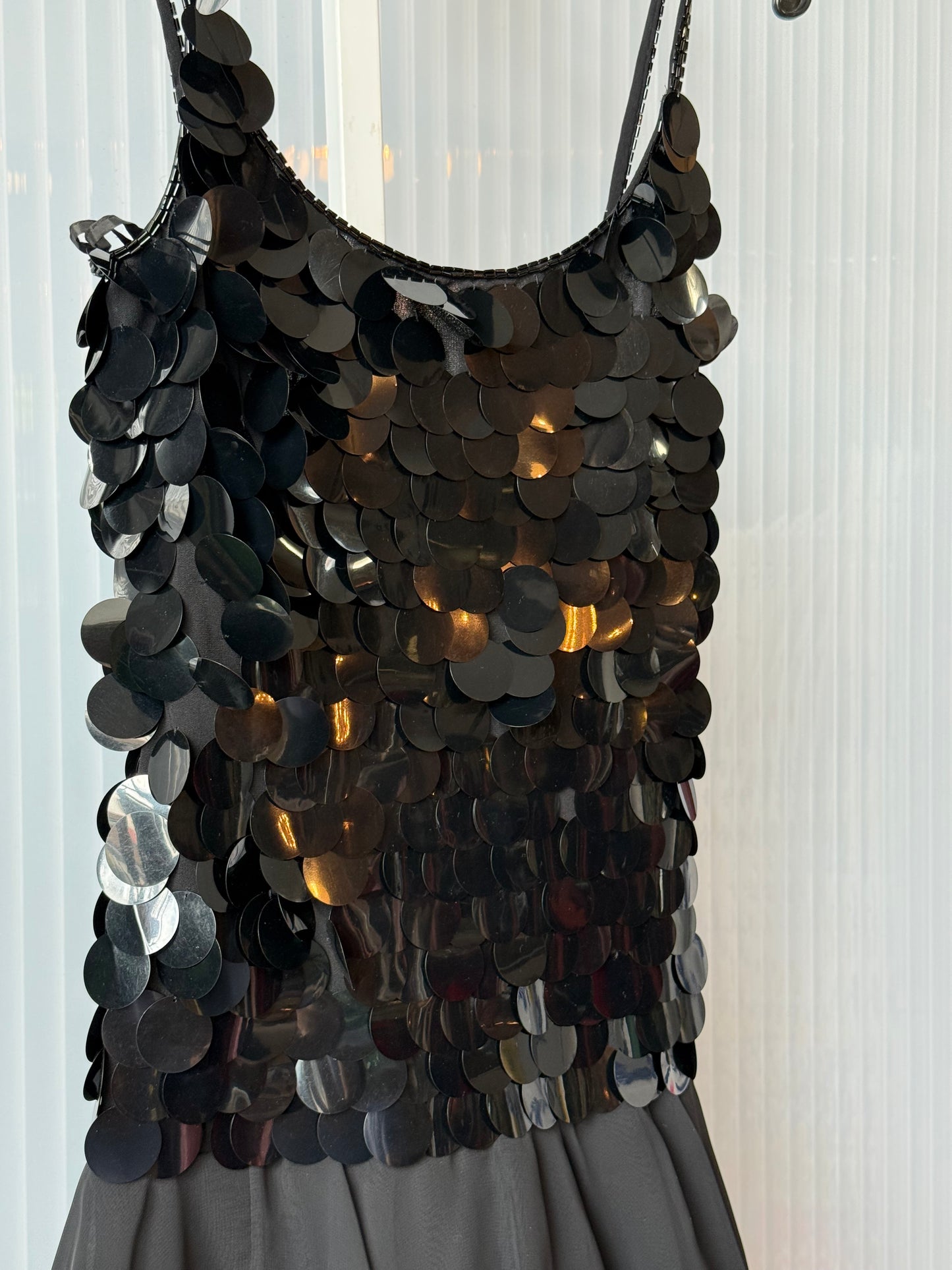 1970s Black Paillette & Frills Disco Mod Dress