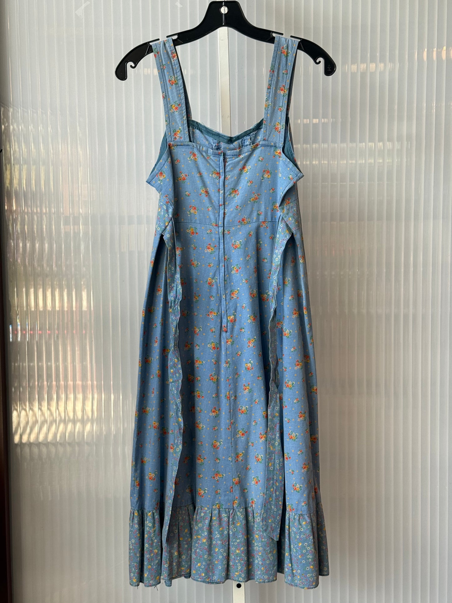 1970s Denim Floral Sun Dress w/ Lace-Up Bust