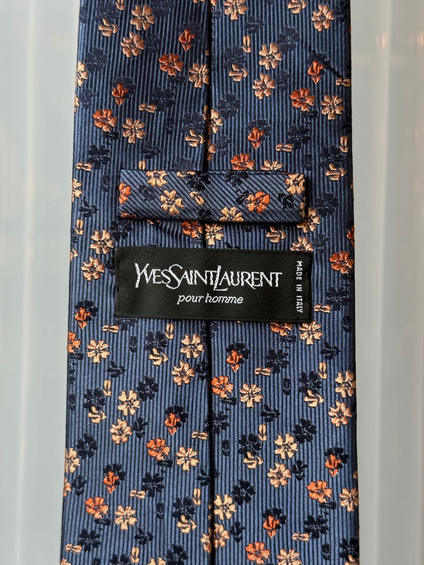 1990s Yves Saint Laurent Blue Tie w/ Floral Print