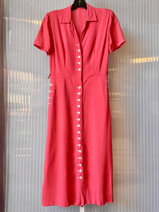 1930s Pink Short-Sleeve Shirtwaist Dress