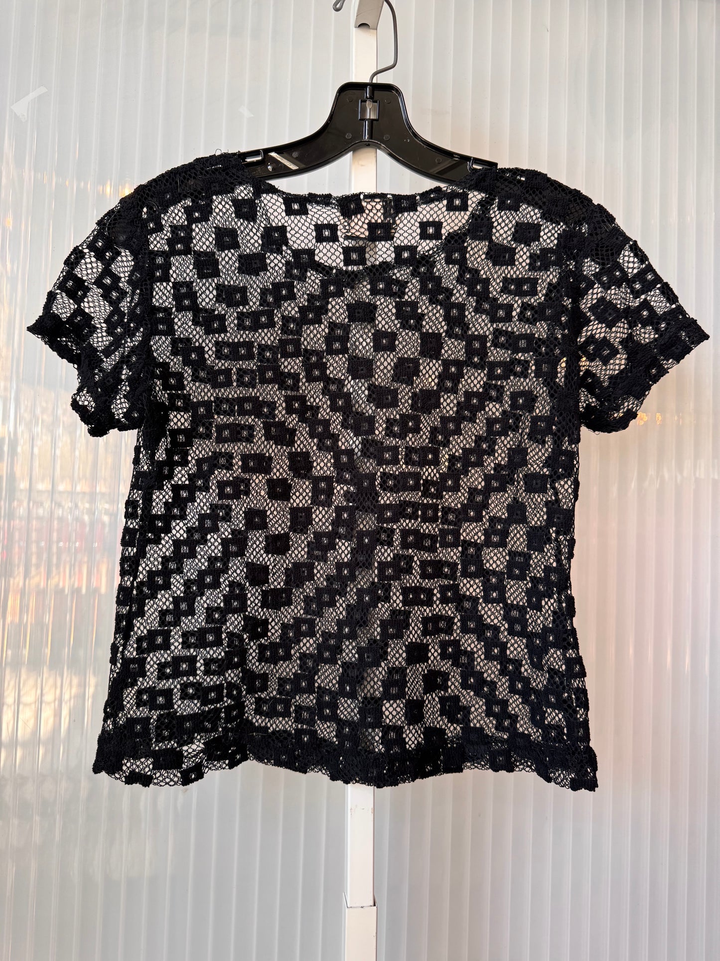 1980s Black Sheer Square Pattern Fishnet Top