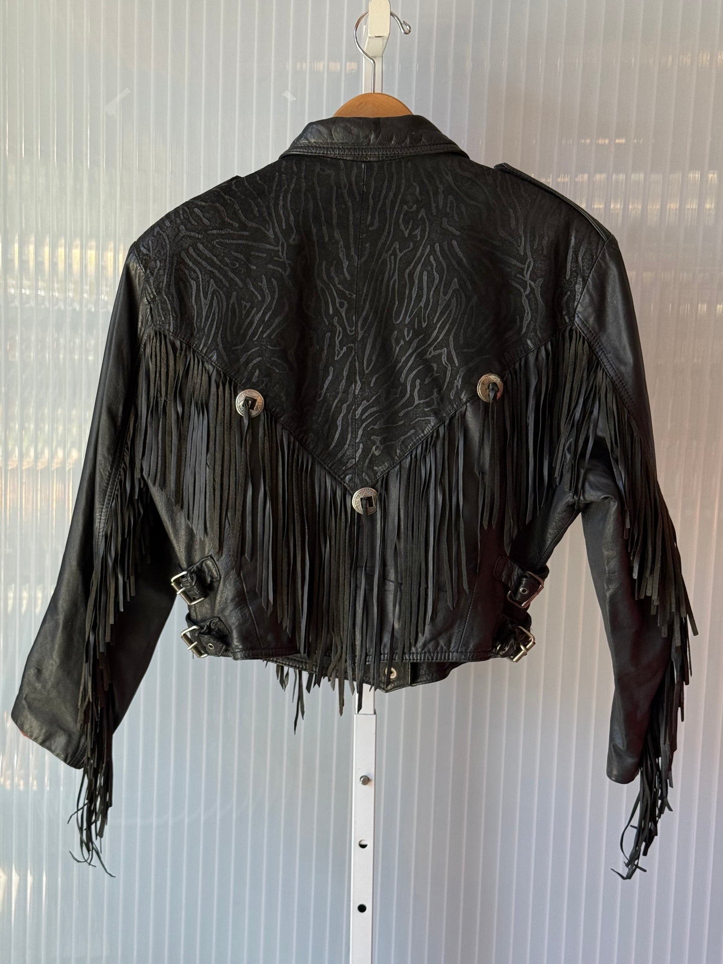 1980s Black Zebra Print Fringe Tapered Leather Jacket