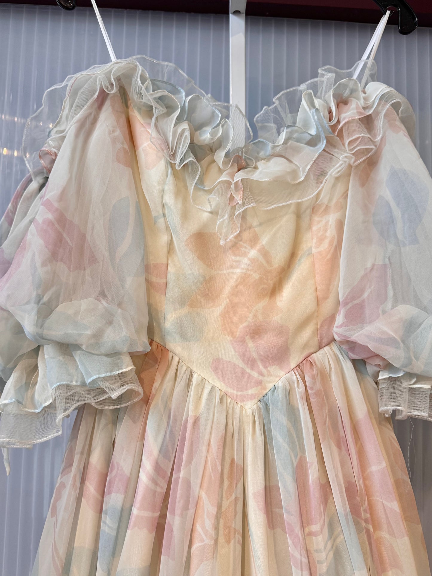 1980s Off-white & Pink Floral Off-Shoulder Gown