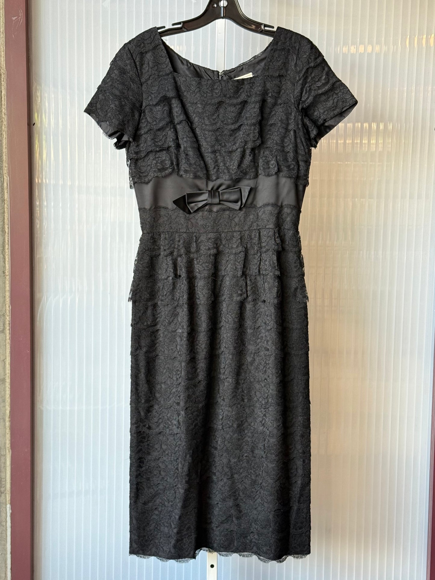 1950s Black Satin Dress w/ Ruffled Lace Layers