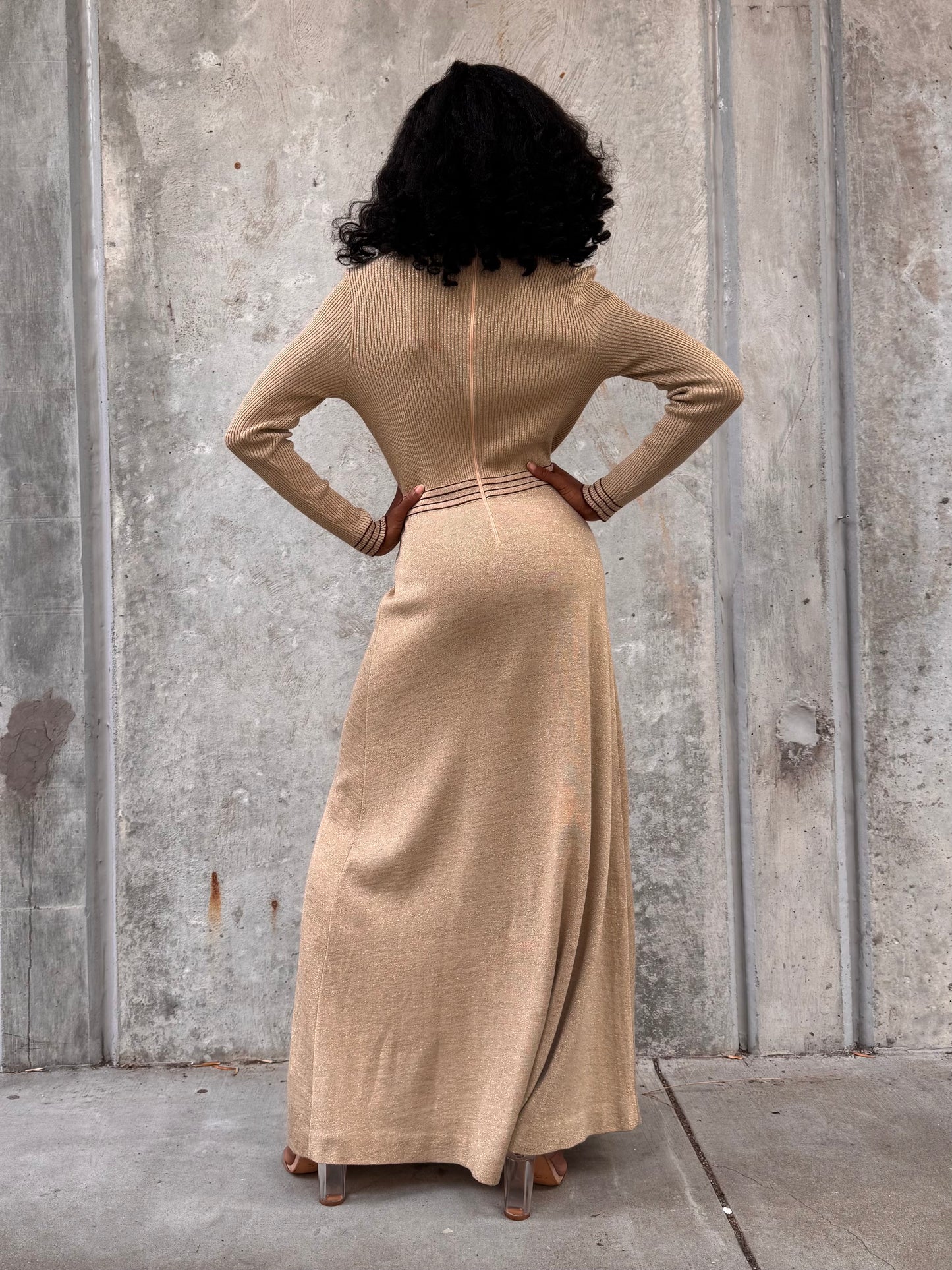 1970s Gold Sparkle Floor Length Knit Dress