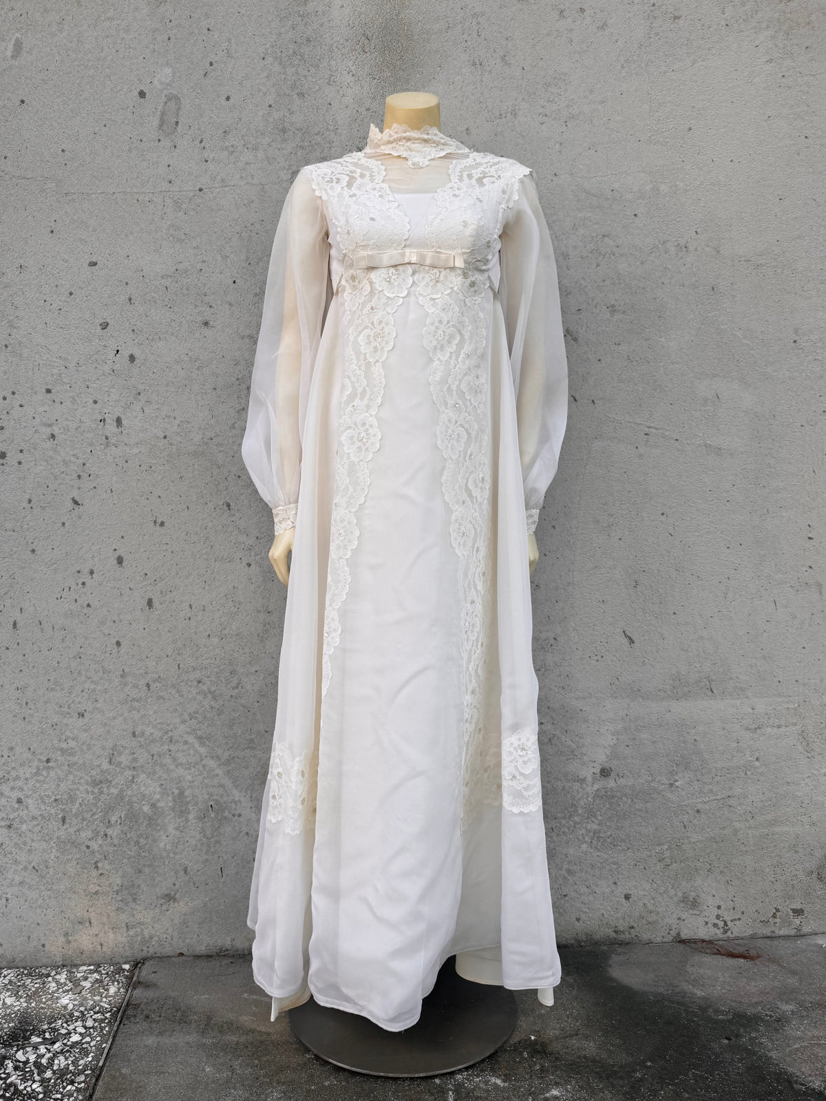 1970s White Organza Empire-Waist Wedding Dress