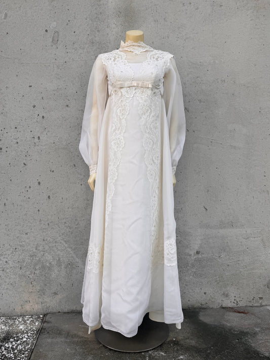 1970s White Organza Empire-Waist Wedding Dress