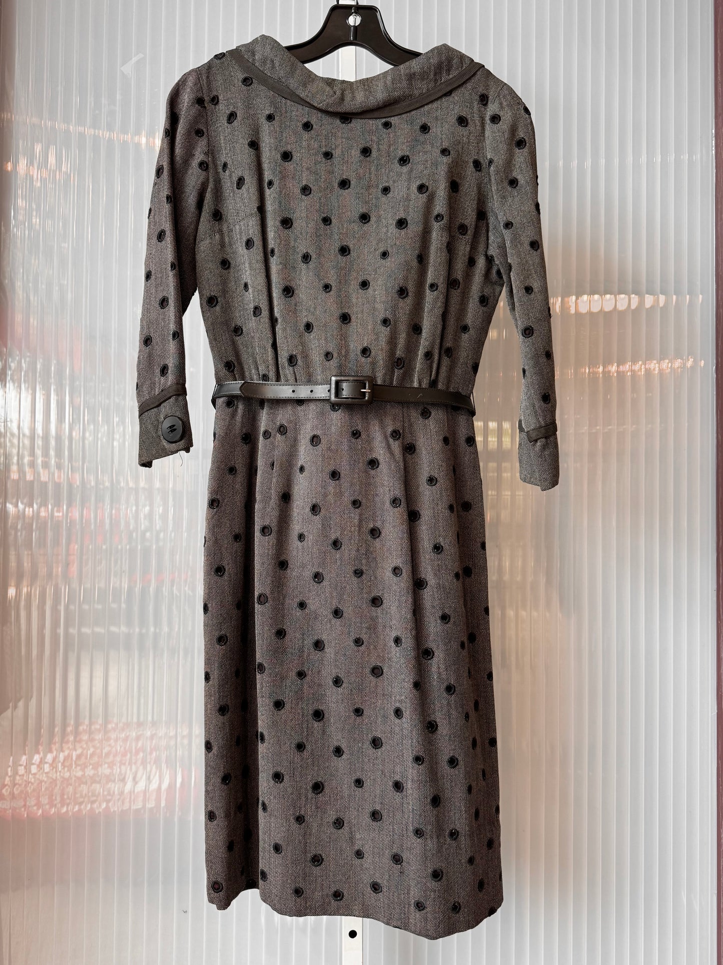 1960s Grey Embroidered Polka Dot Dress