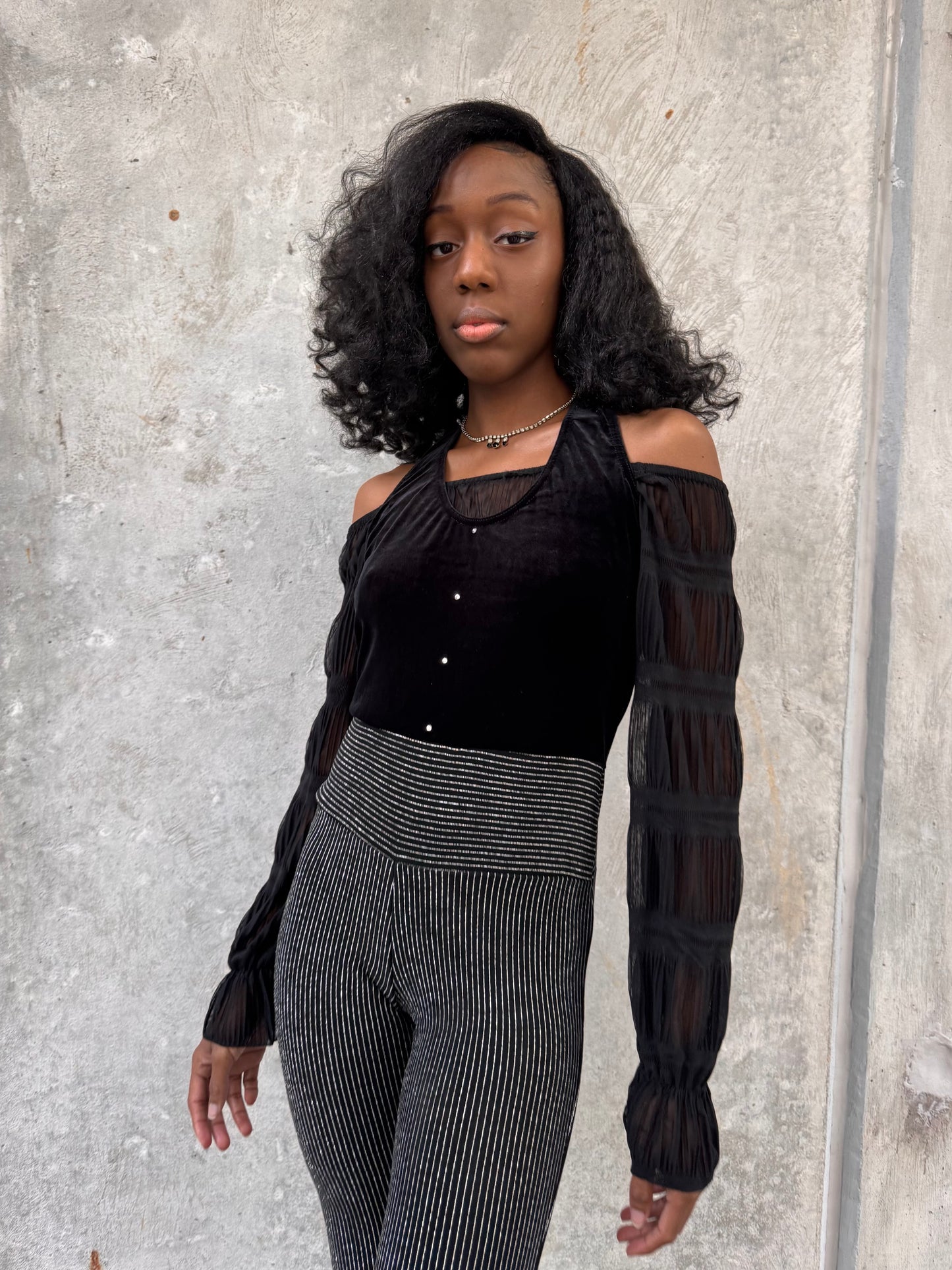 1970s Black Velvet & Silver Pinstripe Disco Jumpsuit