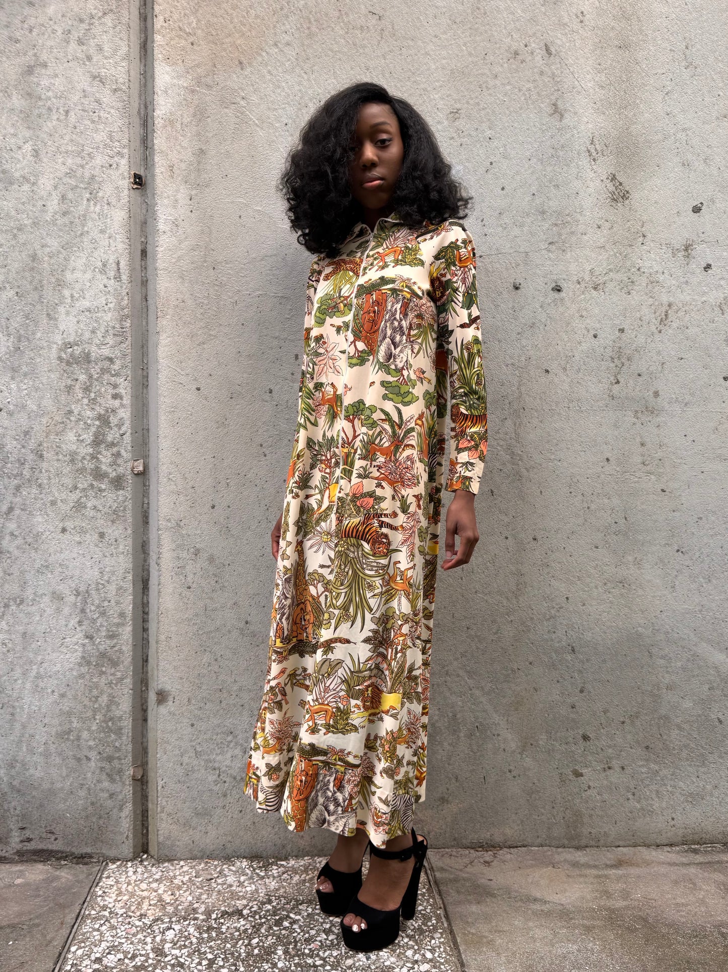 1970s Safari Print Zipup Loungewear Dress