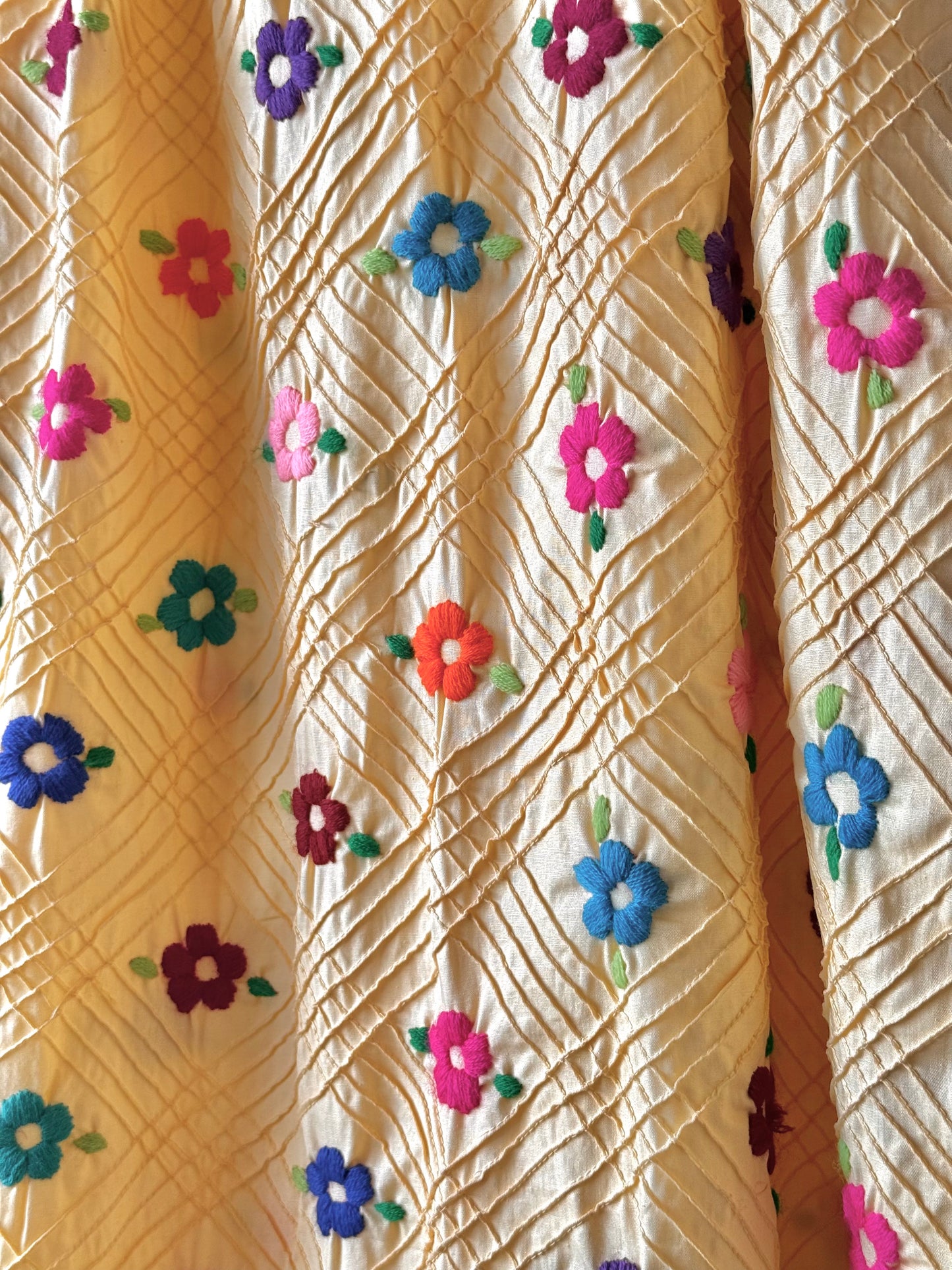 1970s Butter Yellow Pintuck Grid Skirt w/ Flower Embroidery