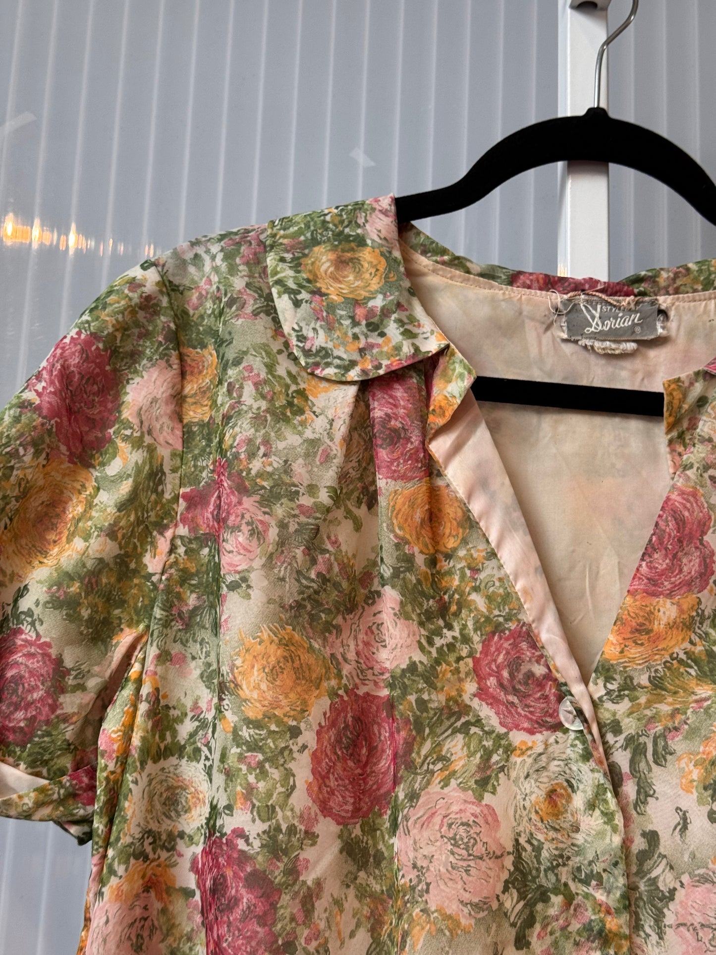 1950s Pink & Green Floral Button Front Nightgown