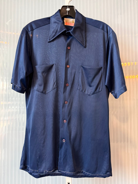 1970s Sheer Navy Blue Point-collar Shirt