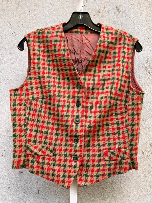 1970s Red Green & Tan Check Patterned Vest
