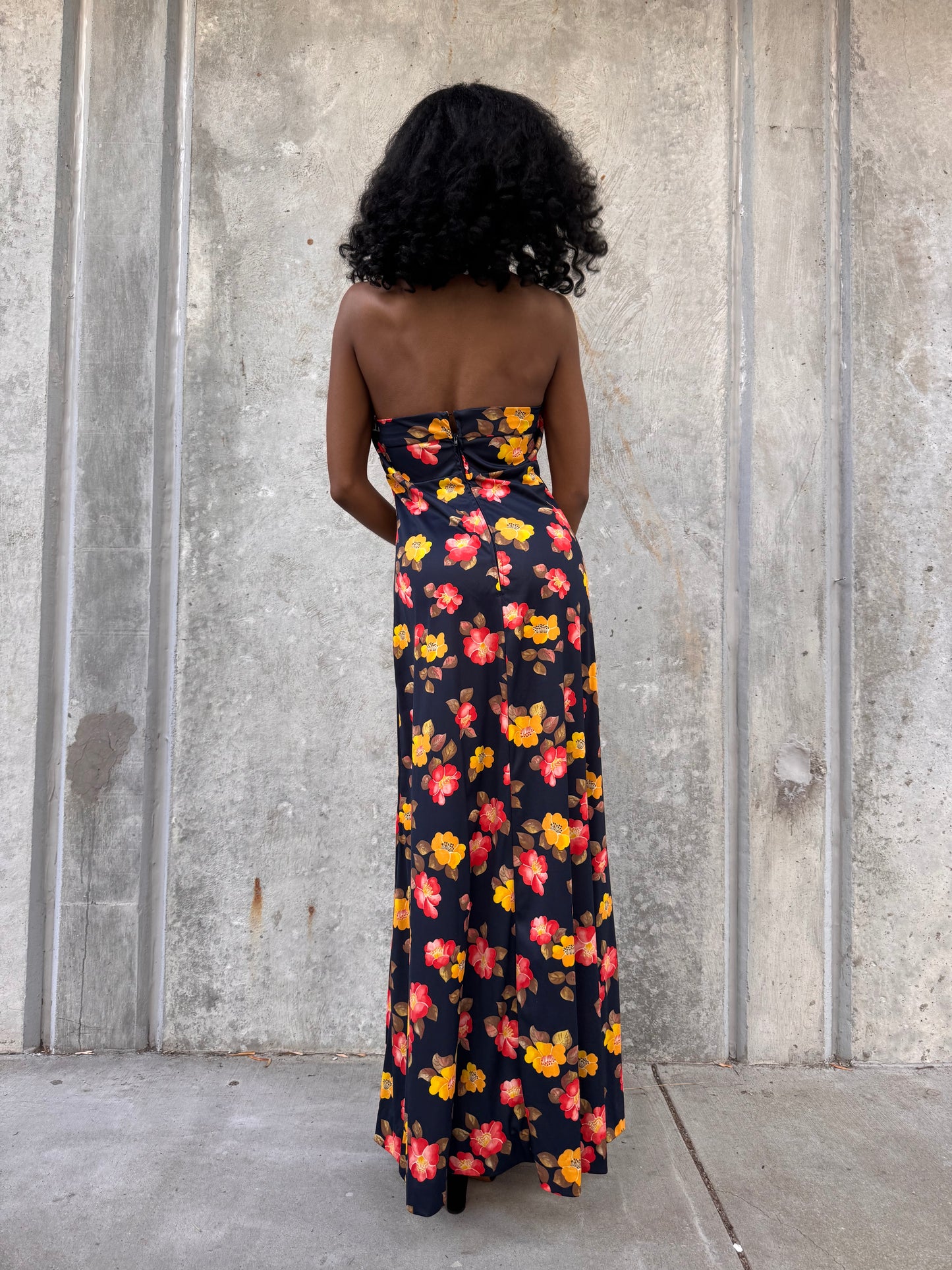 1970s Red & Yellow Floral Black Halter Dress