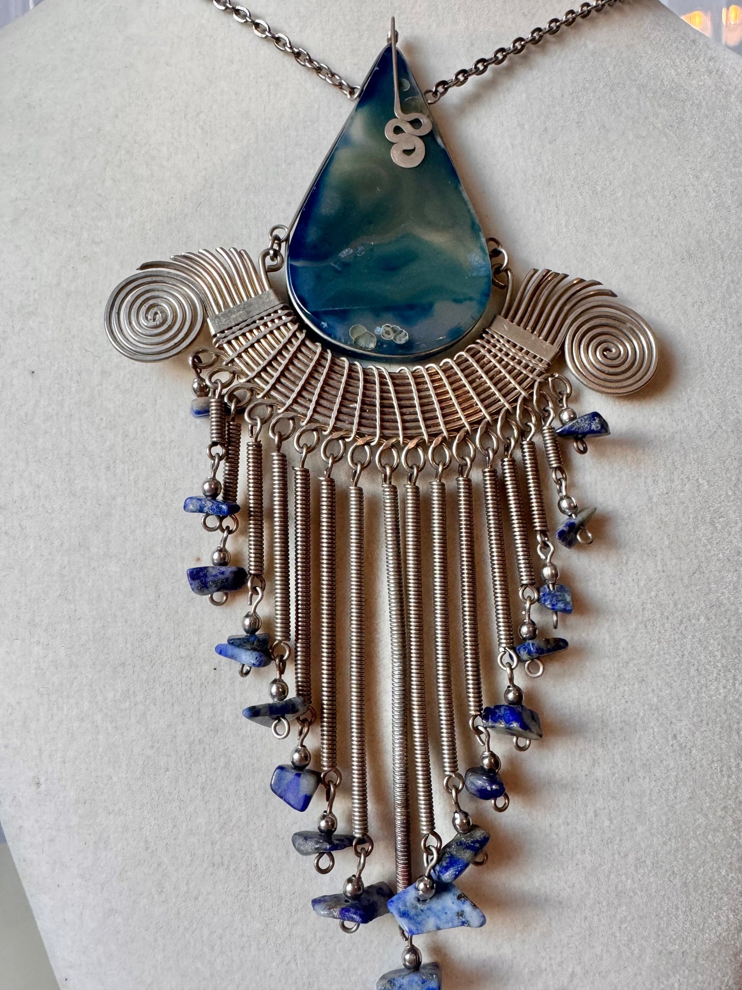 Striped Agate Silver Necklace with Lapis Lazuli Accents