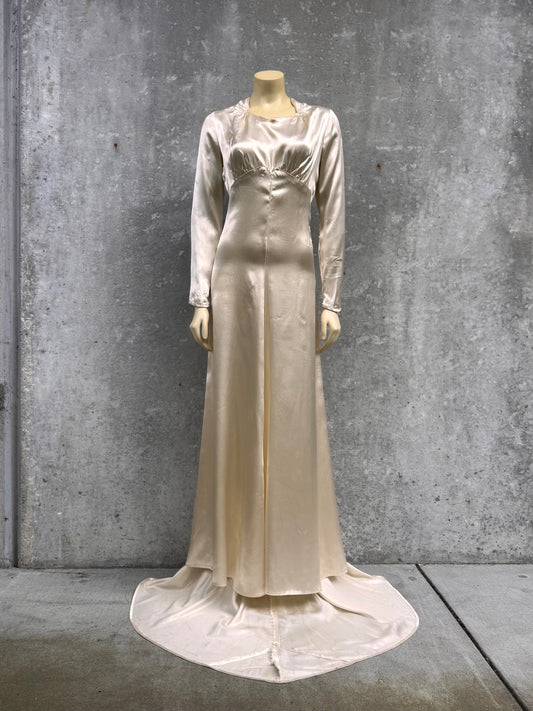 1940s Cream Liquid Satin Bias-Cut Wedding Dress