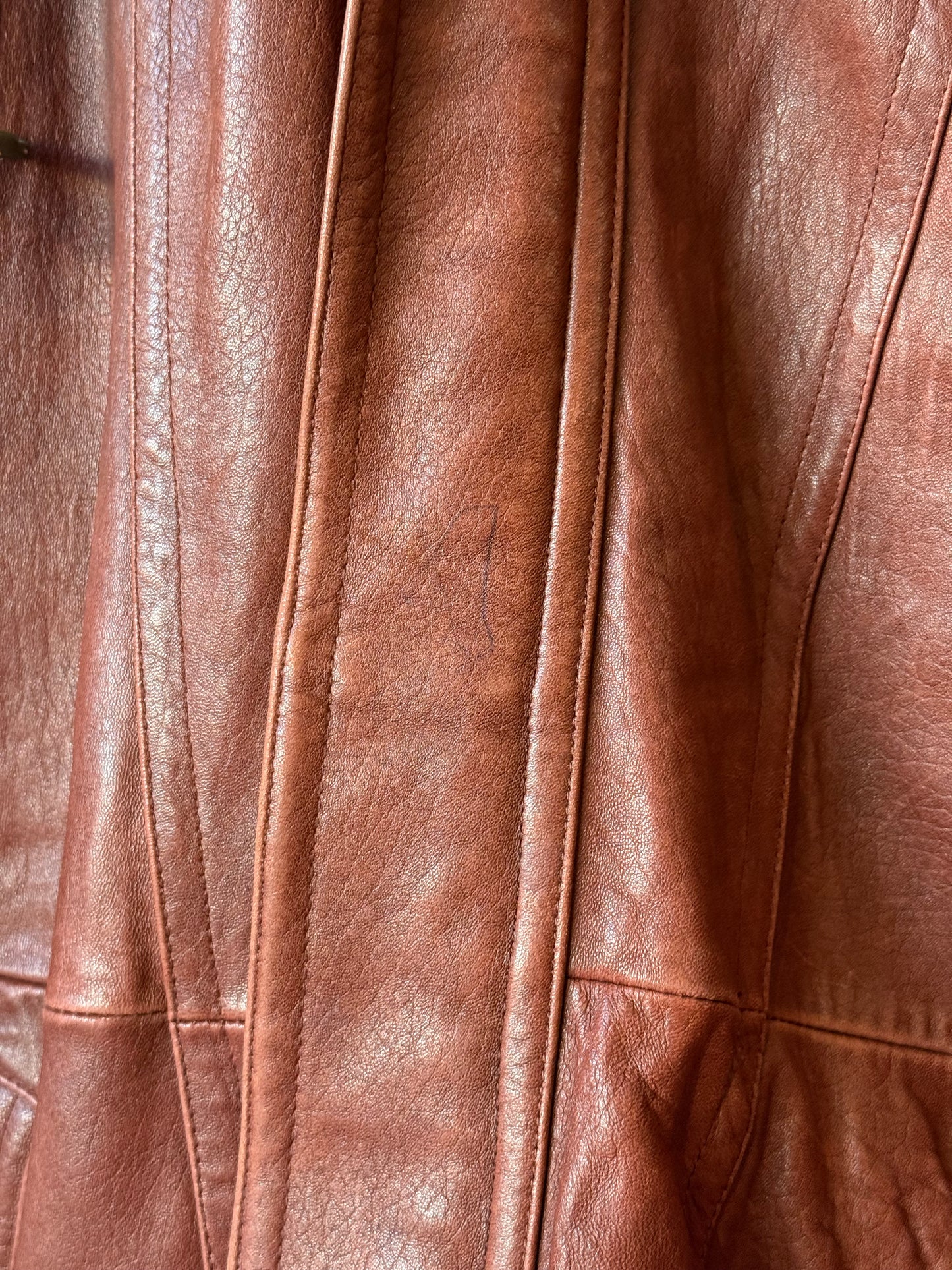 1990s Italian Lamb Leather Brick Colored Coat w/ Faux Fur Lining