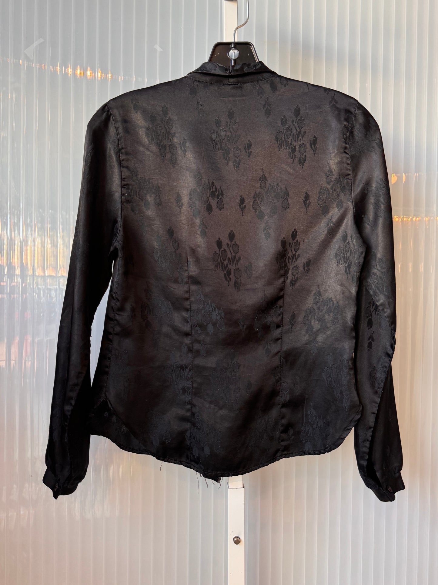 1980s Black Satin Jacquard Tulip Print Blouse