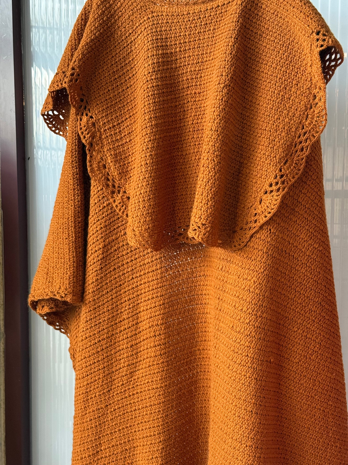 Burnt Orange Crochet Full Length Cape w/ Oversized Collar