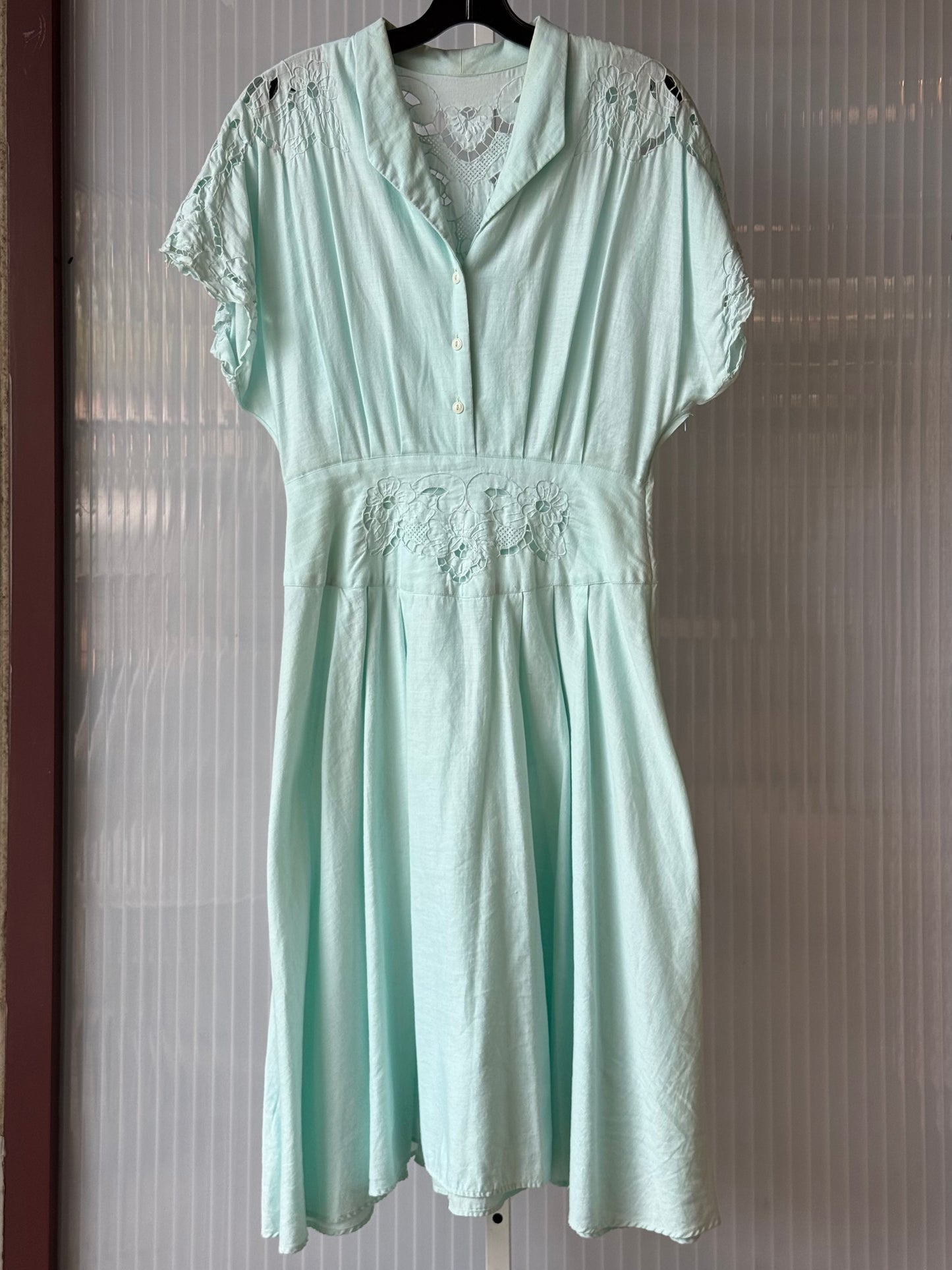 1970s Pastel Blue Shirtwaist Dress w/ Floral Eyelet