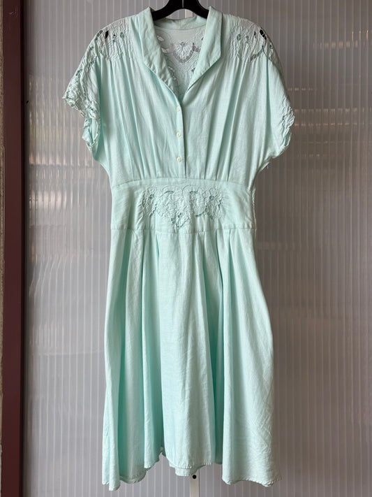 1970s Pastel Blue Shirtwaist Dress w/ Floral Eyelet