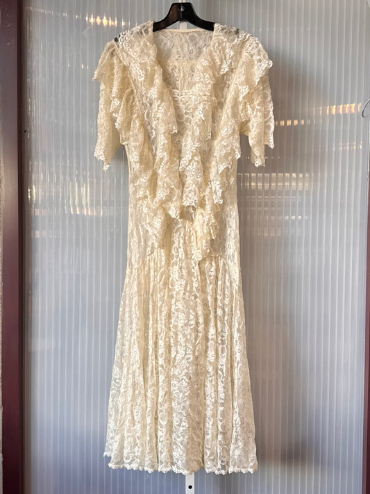 Edwardian-Inspired Off-White Ruffled Lace Dress
