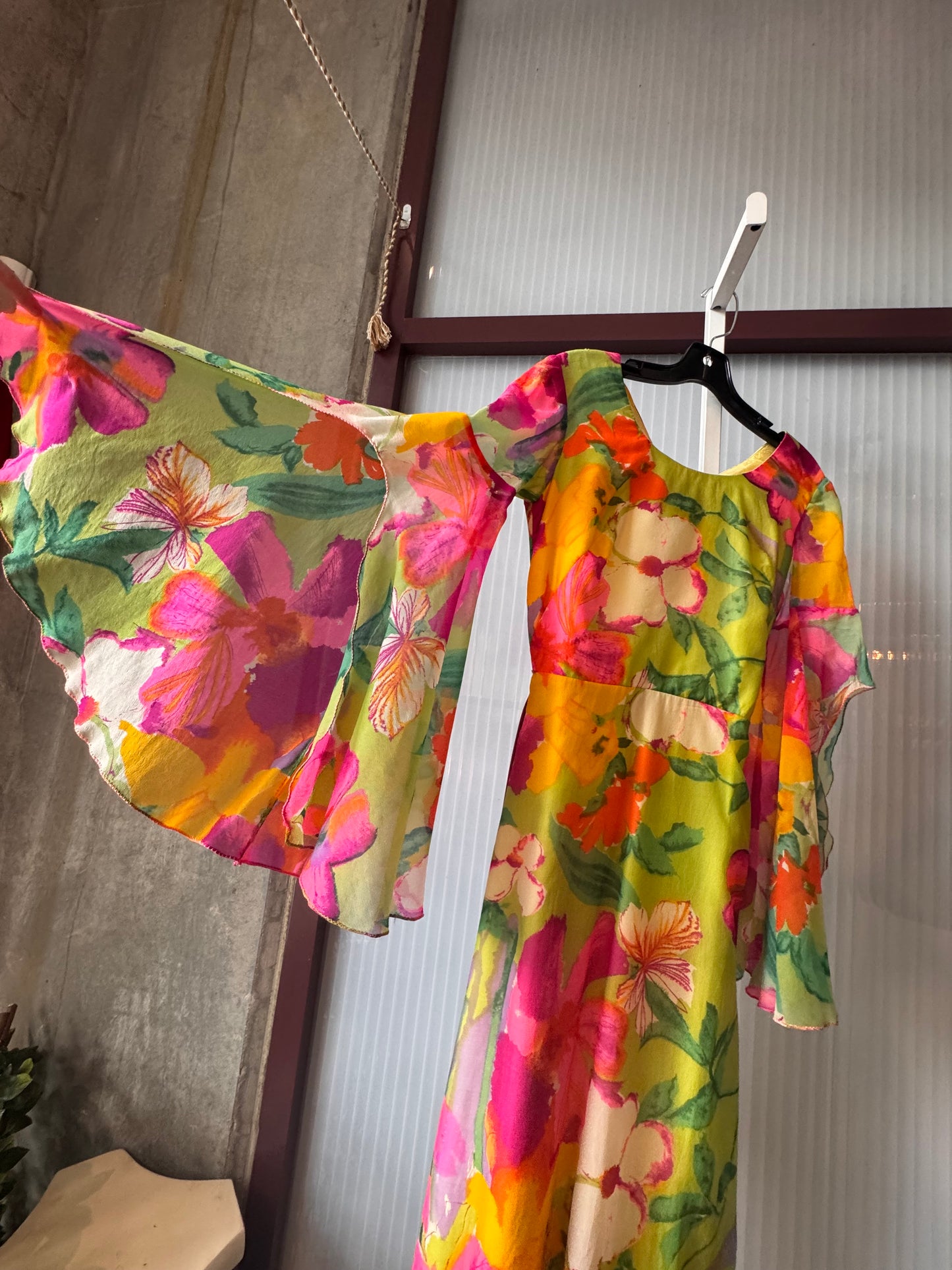 1970s Multicolor Floral Bell Sleeve Maxi Dress