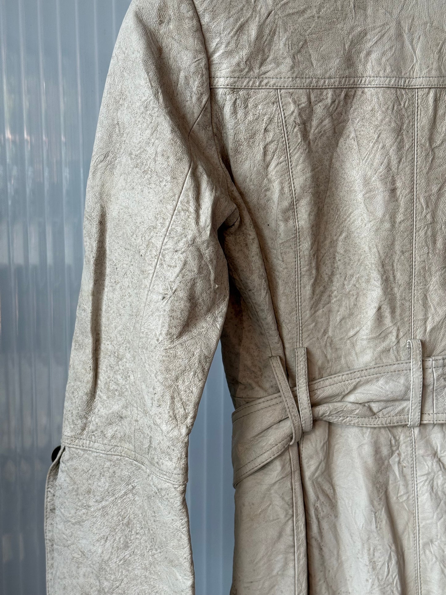 1970s Pale Grey Leather Trench Coat Dress w/ Metal Fleur de Le Buttons