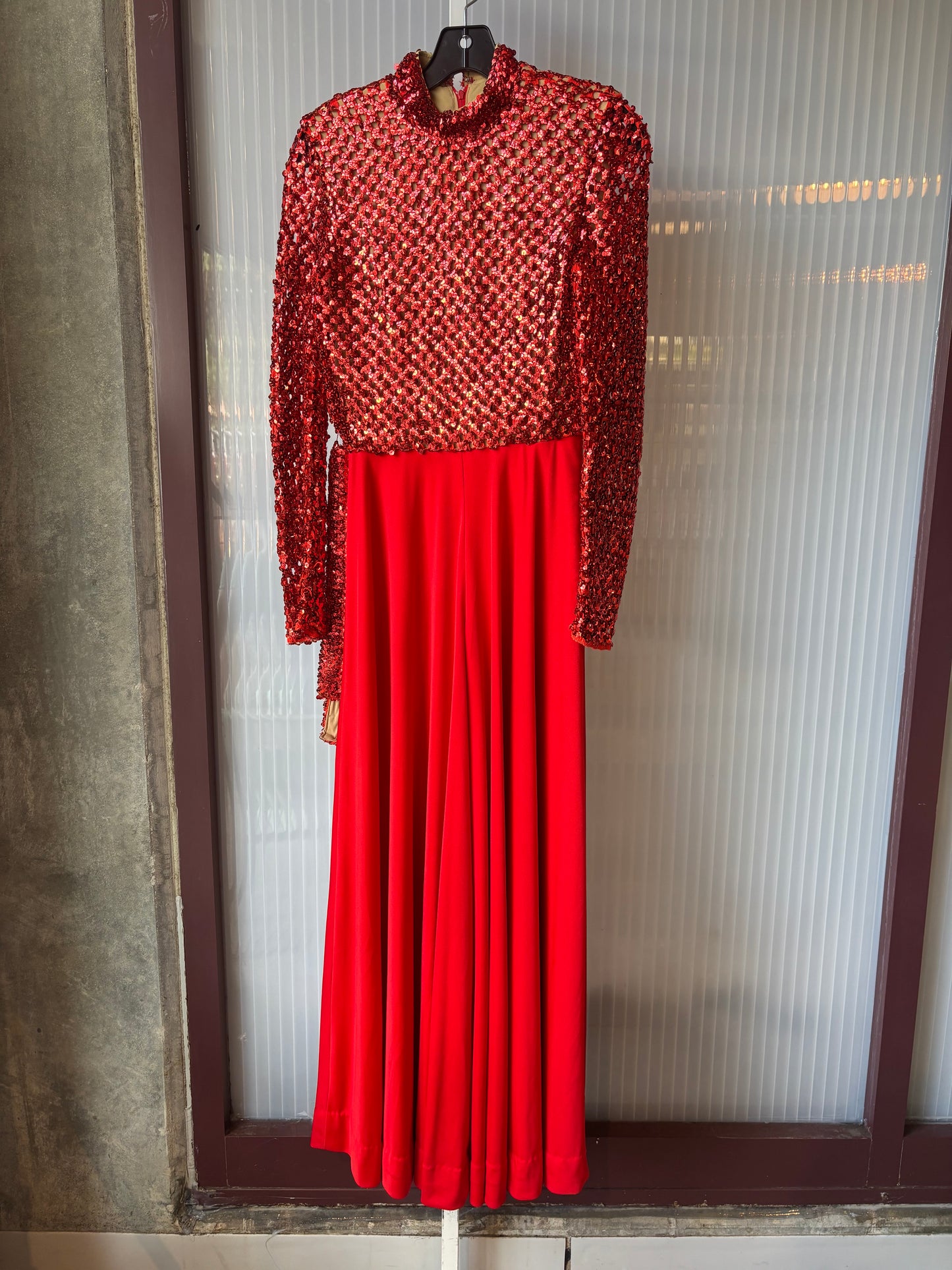 1970s Lipstick Red Disco Jumpsuit w/ Sequin Upper