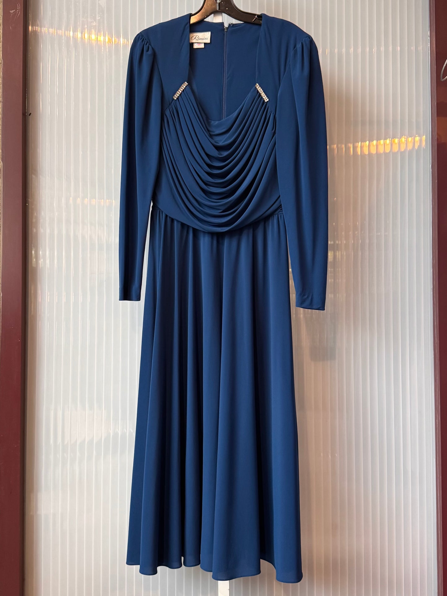 1980s Dark Blue Draped Dress with Silver Rhinestone Accents